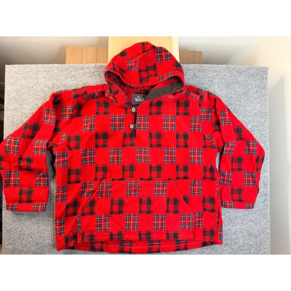 Woolrich Mens 2XL Red Plaid Wool Blend Hoodie Pullover Jacket USA Made Vintage